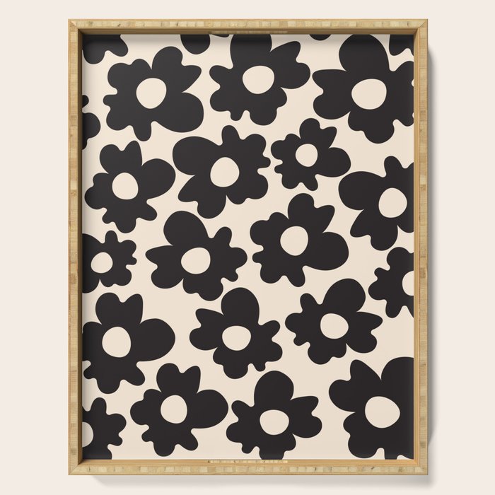 Black and White - Abstract Flower Shape - Cream Background Serving Tray Gallery Image 1