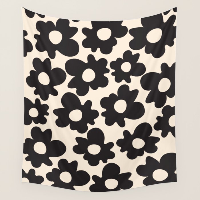 Black and White - Abstract Flower Shape - Cream Background Wall Tapestry Gallery Image 1