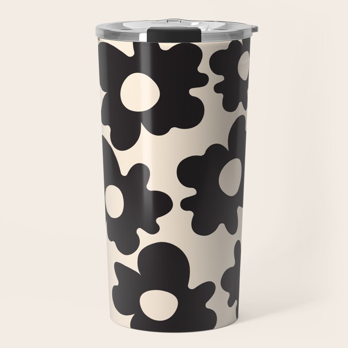 Black and White - Abstract Flower Shape - Cream Background Travel Mug Gallery Image 1