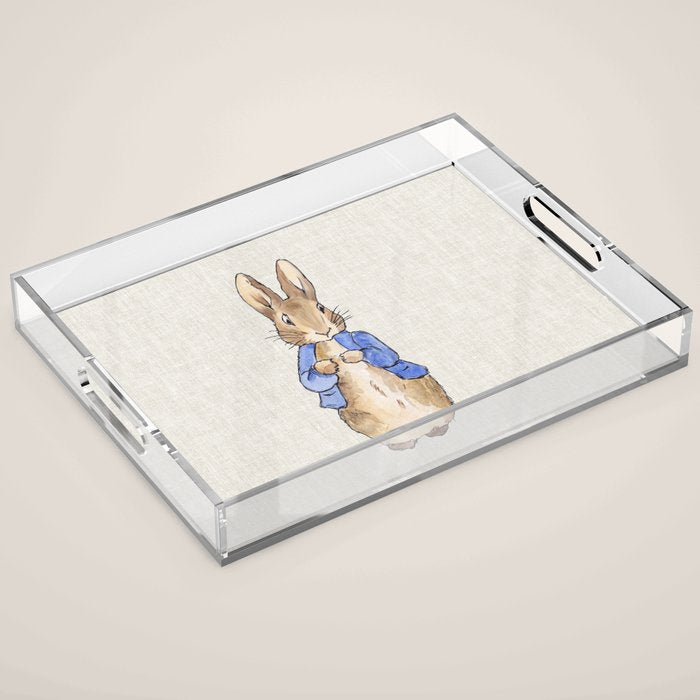 Peter the rabbit beige linen textured background Acrylic Tray Gallery Image 1