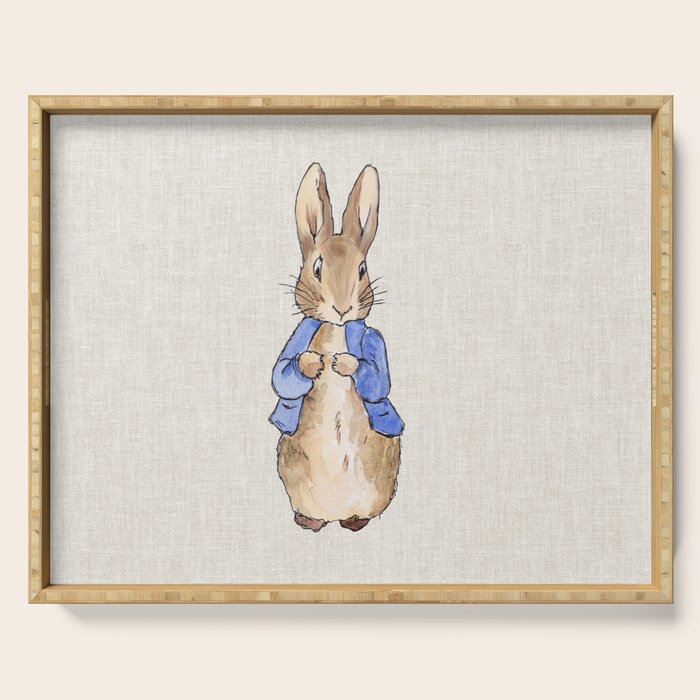 Peter the rabbit beige linen textured background Serving Tray Gallery Image 1