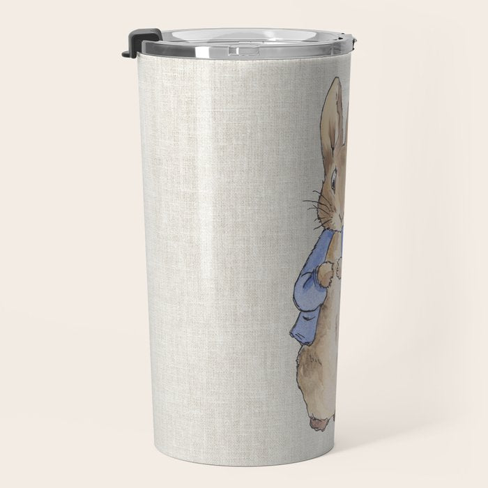 Peter the rabbit beige linen textured background Travel Mug Gallery Image 3