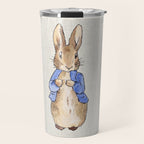 Peter the rabbit beige linen textured background Travel Mug Gallery Image 1