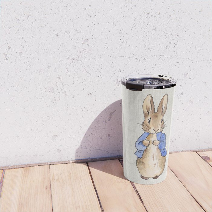 Peter the rabbit beige linen textured background Travel Mug Gallery Image 4