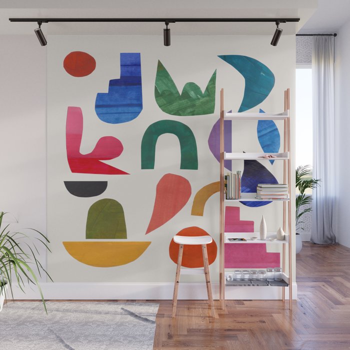 'Night Garden' Abstract Colorful Paper Collage Mid Century Fun Minimal Shapes by Ejaaz Haniff Wall Mural Gallery Image 1