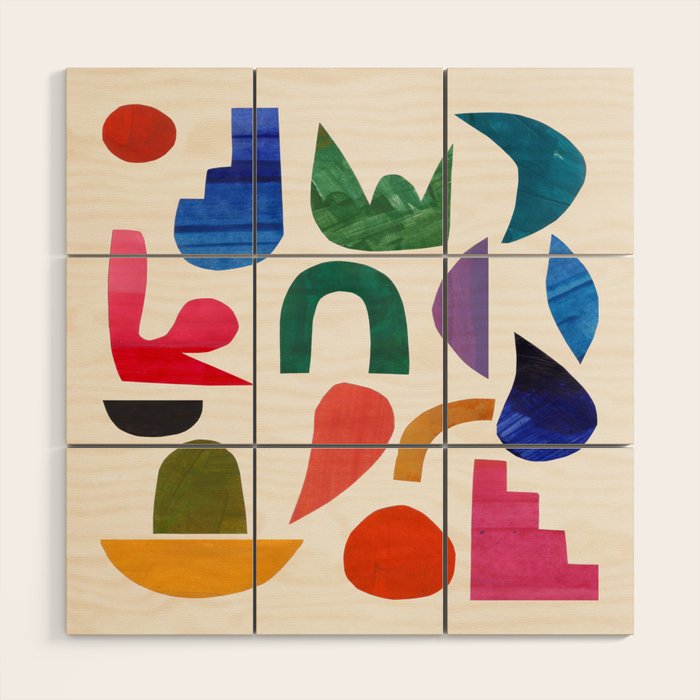 'Night Garden' Abstract Colorful Paper Collage Mid Century Fun Minimal Shapes by Ejaaz Haniff Wood Wall Art Gallery Image 1