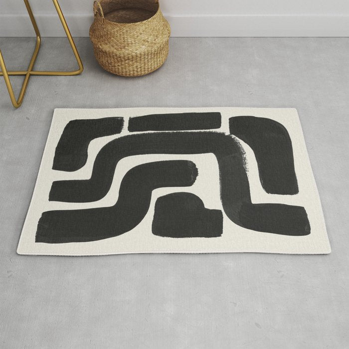 Black Ink Paint Brush Strokes Abstract Organic Pattern Mid Century Style Rug Gallery Image 1