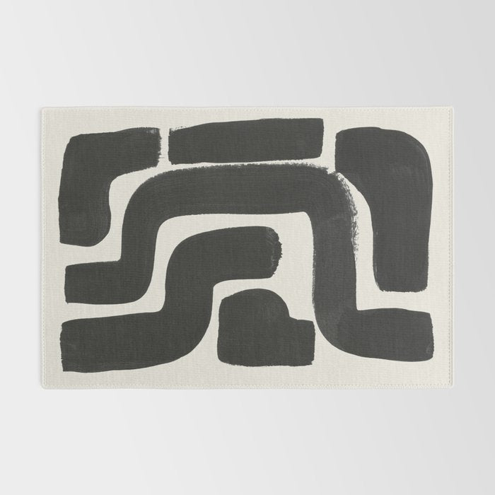 Black Ink Paint Brush Strokes Abstract Organic Pattern Mid Century Style Rug Gallery Image 2