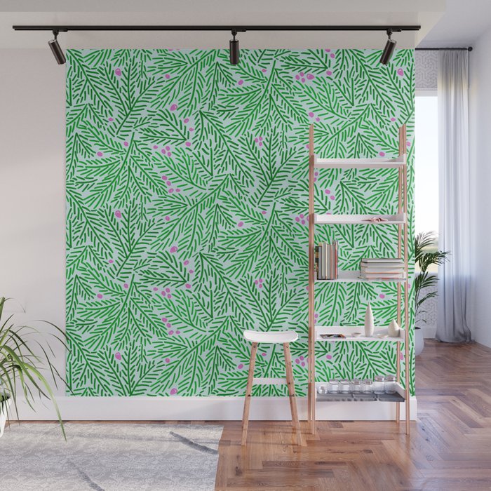 Winter Berries & Pine Branches in Green Wall Mural Gallery Image 1