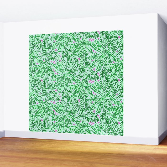 Winter Berries & Pine Branches in Green Wall Mural Gallery Image 2