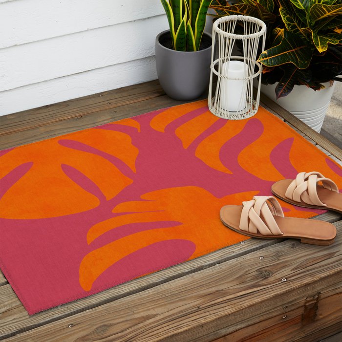 monstera pink orange summer plant leaves Outdoor Rug Gallery Image 2