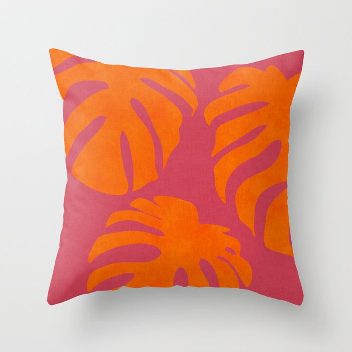 monstera pink orange summer plant leaves Throw Pillow Gallery Image 1