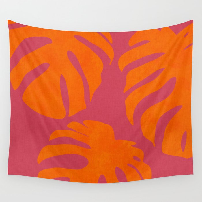 monstera pink orange summer plant leaves Wall Tapestry Gallery Image 1