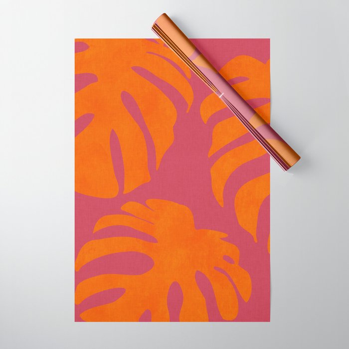 monstera pink orange summer plant leaves Wrapping Paper Gallery Image 1