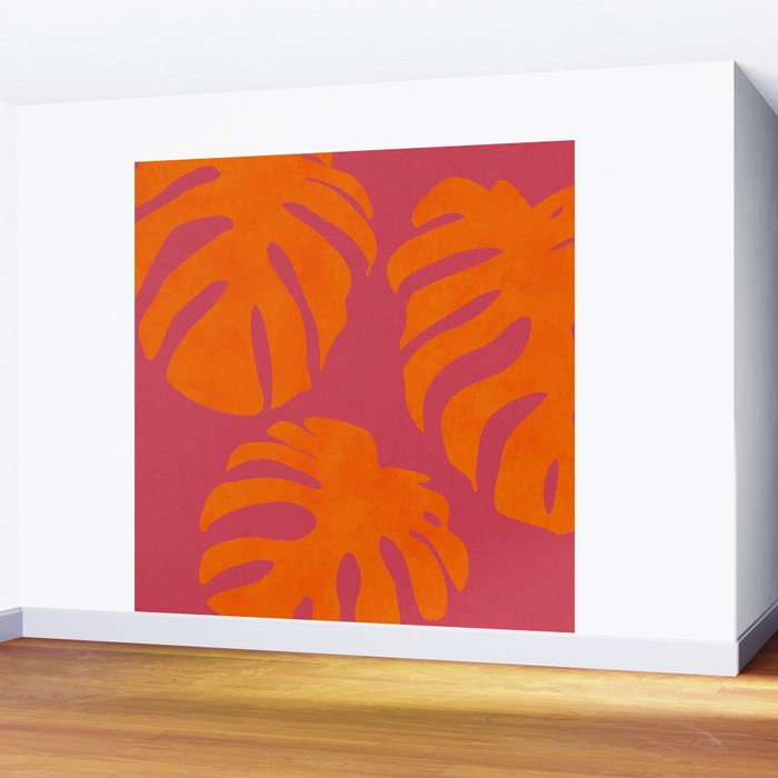 monstera pink orange summer plant leaves Wall Mural Gallery Image 2