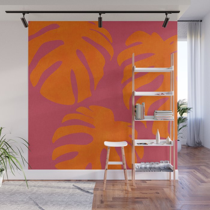 monstera pink orange summer plant leaves Wall Mural Gallery Image 1