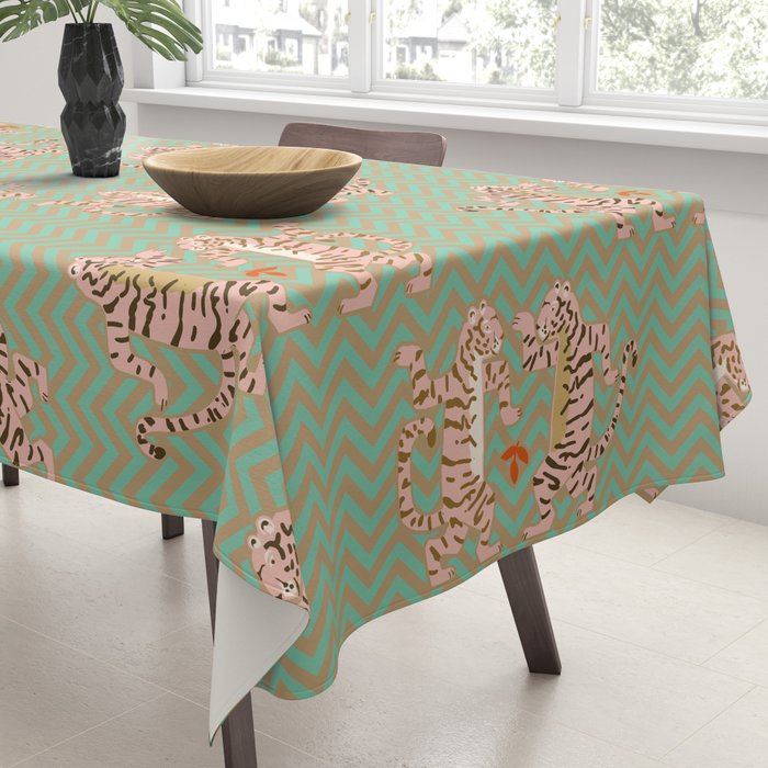 Dancing tiger Zig zag tiger - mint sand Tablecloth Gallery Image 3