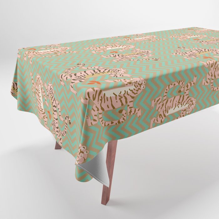 Dancing tiger Zig zag tiger - mint sand Tablecloth Gallery Image 1