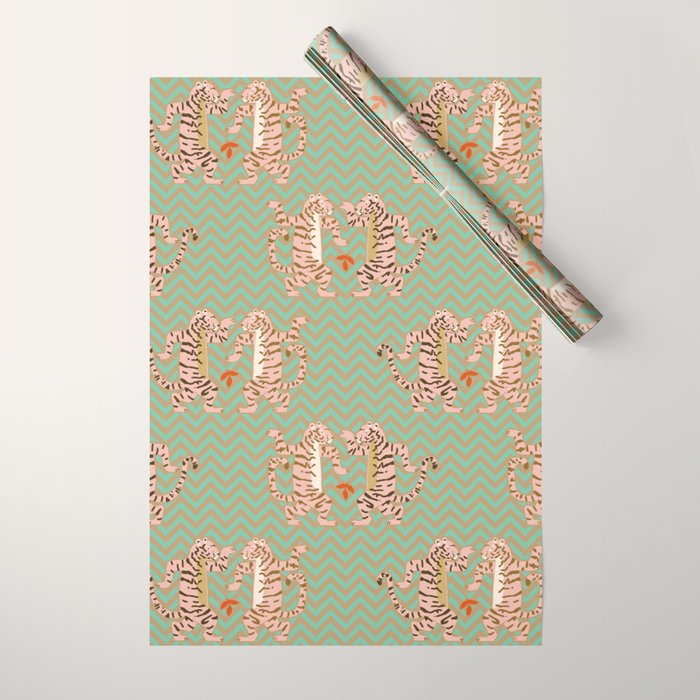 Dancing tiger Zig zag tiger - mint sand Wrapping Paper Gallery Image 1