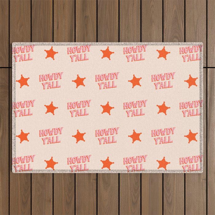 Southern Welcome: Howdy Y'all (bright pink and orange old west letters) Outdoor Rug Gallery Image 1
