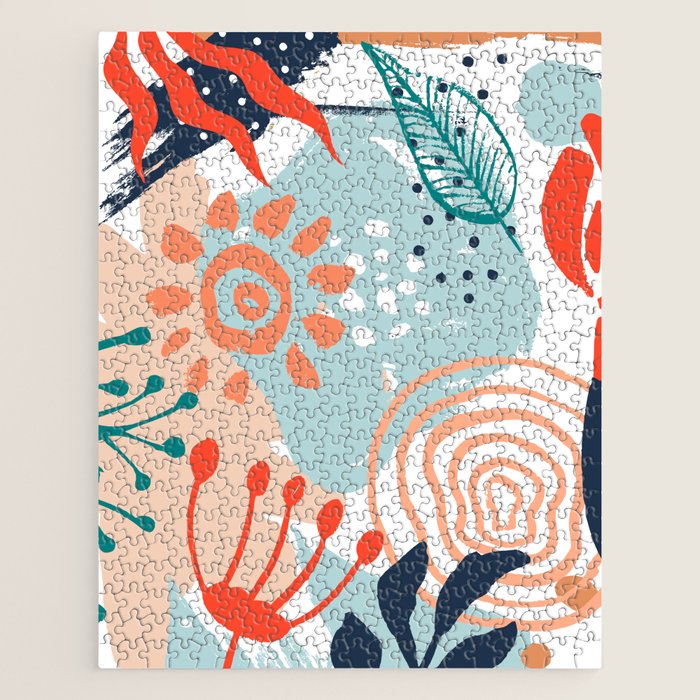 Summer Abstract, Floral Prints, Orange, Teal, Blue, Colourful Prints. Jigsaw Puzzle Gallery Image 1