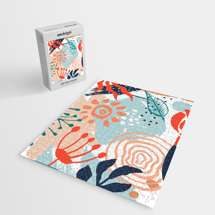 Summer Abstract, Floral Prints, Orange, Teal, Blue, Colourful Prints. Jigsaw Puzzle Gallery Image 2