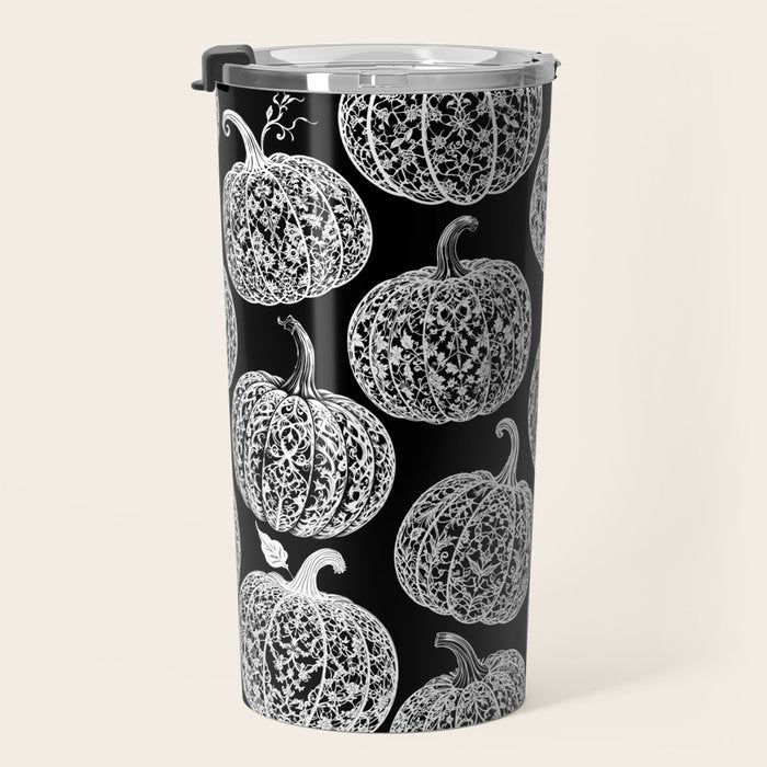 Lace Pumpkin Halloween Pattern Needle Bobbin Crochet Thread Travel Mug Gallery Image 3