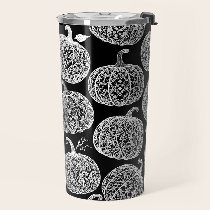Lace Pumpkin Halloween Pattern Needle Bobbin Crochet Thread Travel Mug Gallery Image 2