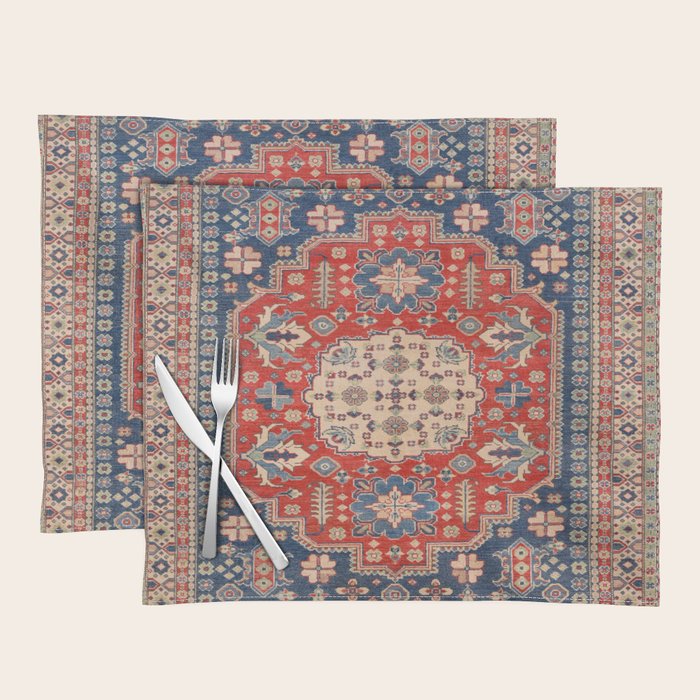 Red And Blue Madallion Kazak Handmade Rug Placemat Gallery Image 1