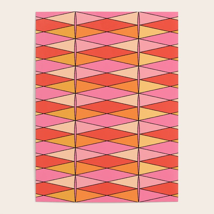 Pink Orange Yellow Harlequin Colorful Mid Century Geometric Pattern Poster Gallery Image 4