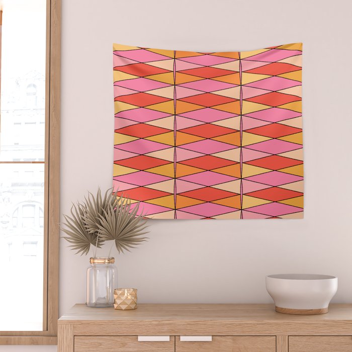 Pink Orange Yellow Harlequin Colorful Mid Century Geometric Pattern Wall Tapestry Gallery Image 2
