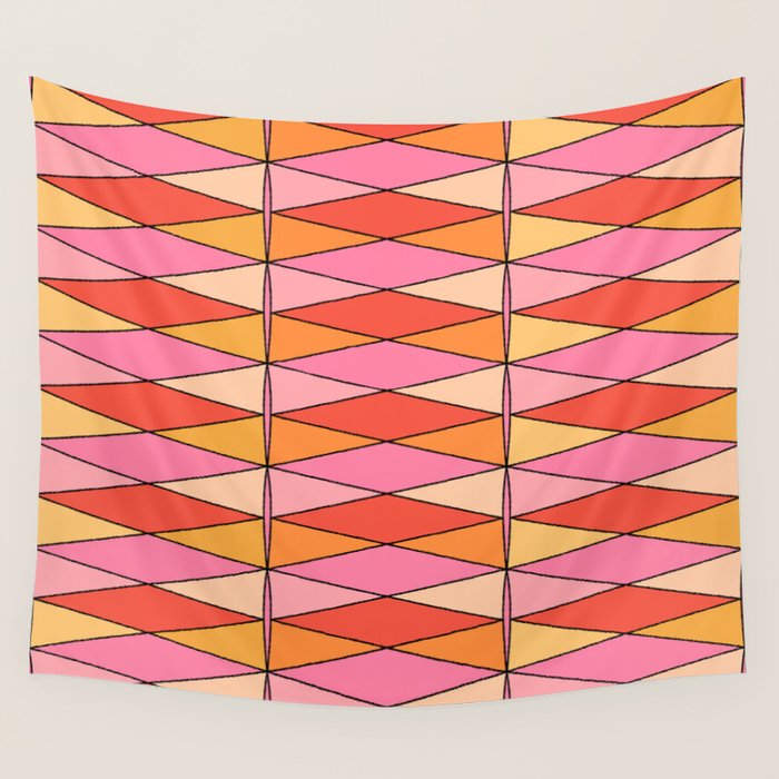 Pink Orange Yellow Harlequin Colorful Mid Century Geometric Pattern Wall Tapestry Gallery Image 4