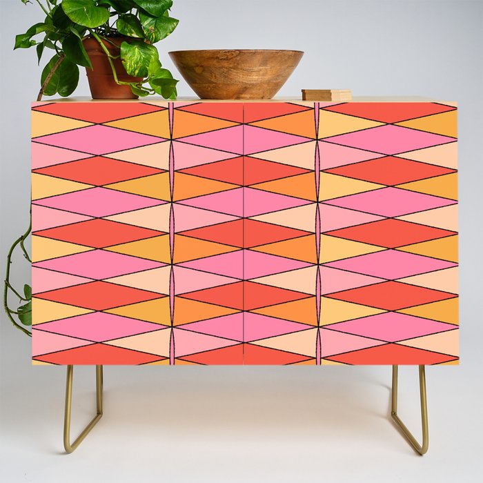 Pink Orange Yellow Harlequin Colorful Mid Century Geometric Pattern Credenza Gallery Image 1