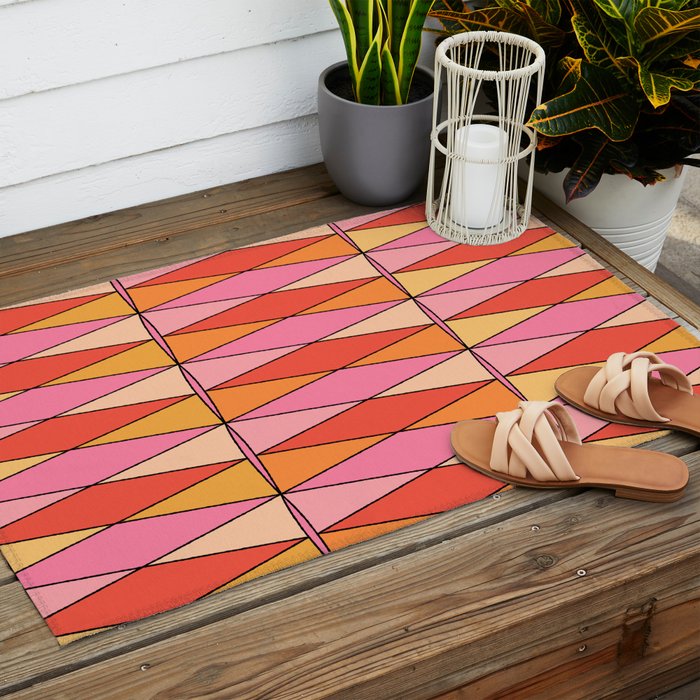 Pink Orange Yellow Harlequin Colorful Mid Century Geometric Pattern Outdoor Rug Gallery Image 2