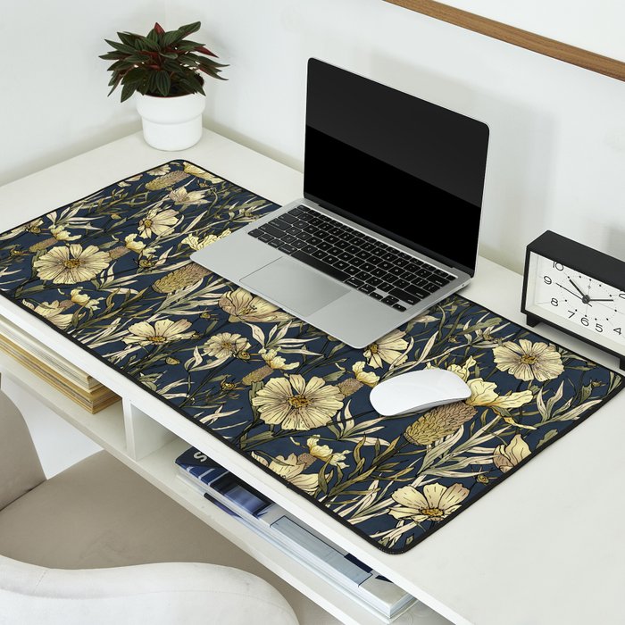 Midnight blue hand-drawn vintage garden  Desk Mat Gallery Image 2