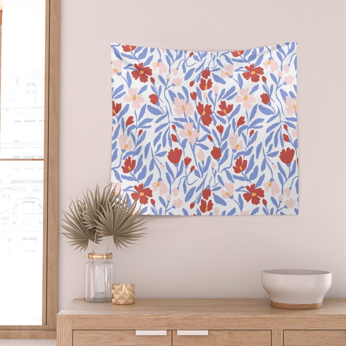 Blue and Orange vibrant bold flowers Wall Tapestry Gallery Image 2