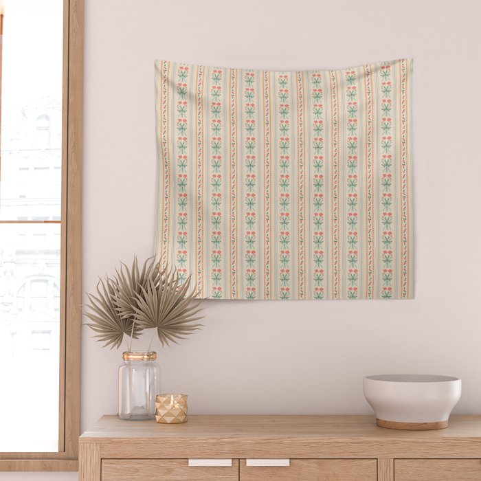 Vintage rose flower bouquet stripe art pattern Wall Tapestry Gallery Image 2