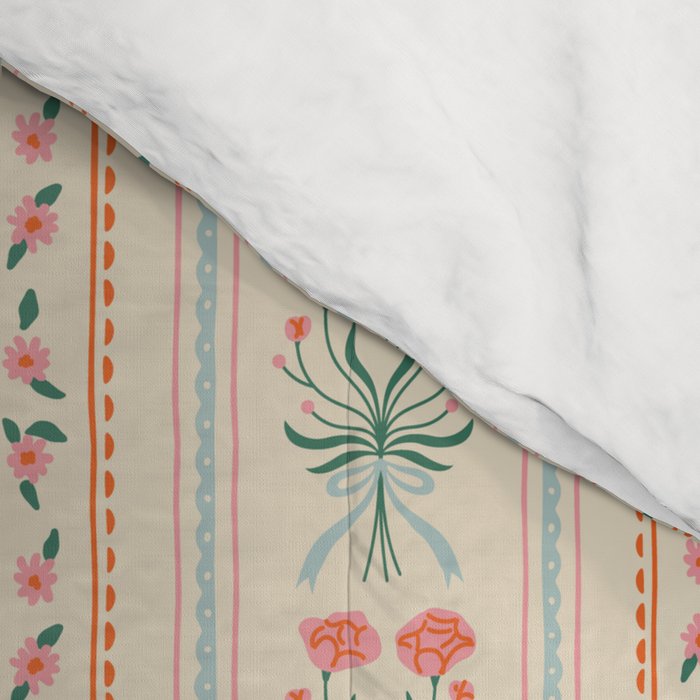 Vintage rose flower bouquet stripe art pattern Comforter Gallery Image 4