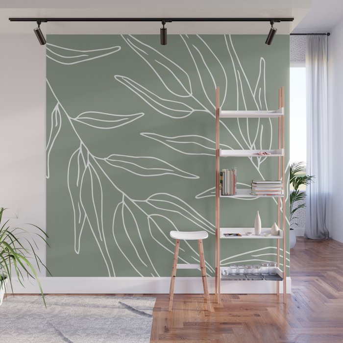 Minimalist, Leaves, Green, Boho Wall Art Wall Mural Gallery Image 1