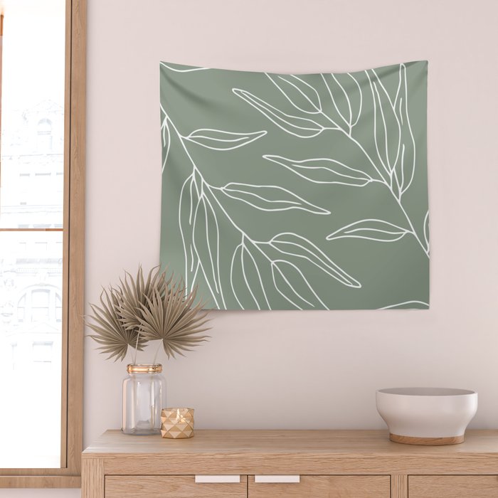 Minimalist, Leaves, Green, Boho Wall Art Wall Tapestry Gallery Image 2