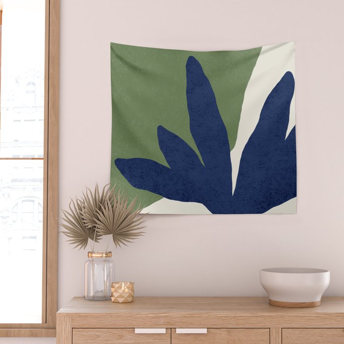 Leaves Minimalism - Navy Green Wall Tapestry Gallery Image 2