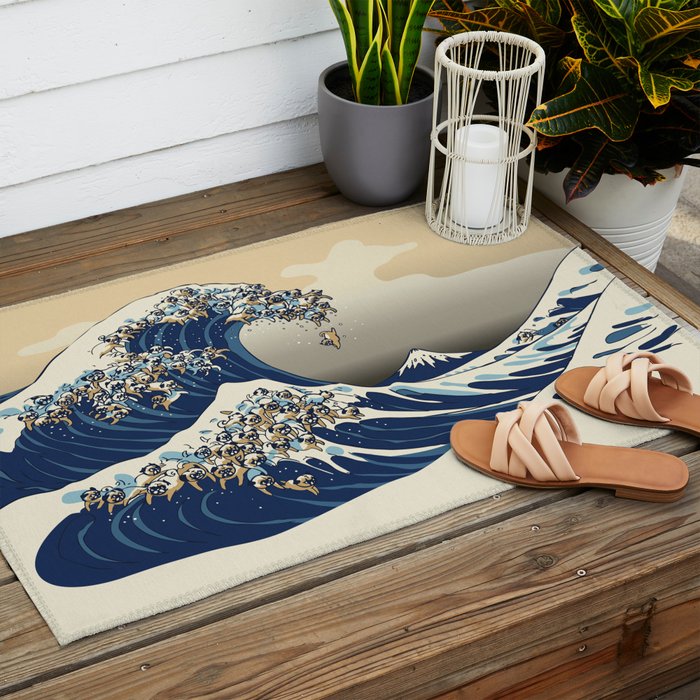 The Great Wave of Pugs Vanilla Sky Outdoor Rug Gallery Image 2