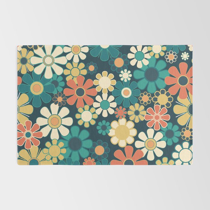 Pretty Groovy Retro Garden 60s 70s Aesthetic Floral Pattern Blue Orange Mustard Teal Rug Gallery Image 2