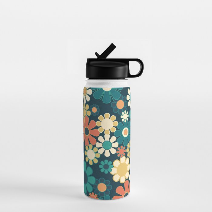 Pretty Groovy Retro Garden 60s 70s Aesthetic Floral Pattern Blue Orange Mustard Teal Water Bottle Gallery Image 1