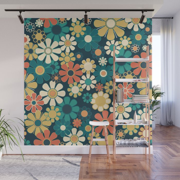 Pretty Groovy Retro Garden 60s 70s Aesthetic Floral Pattern Blue Orange Mustard Teal Wall Mural Gallery Image 1