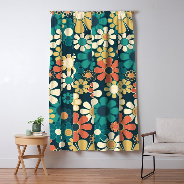 Pretty Groovy Retro Garden 60s 70s Aesthetic Floral Pattern Blue Orange Mustard Teal Window Curtain Gallery Image 5