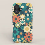 Pretty Groovy Retro Garden 60s 70s Aesthetic Floral Pattern Blue Orange Mustard Teal iPhone Case Gallery Image 1