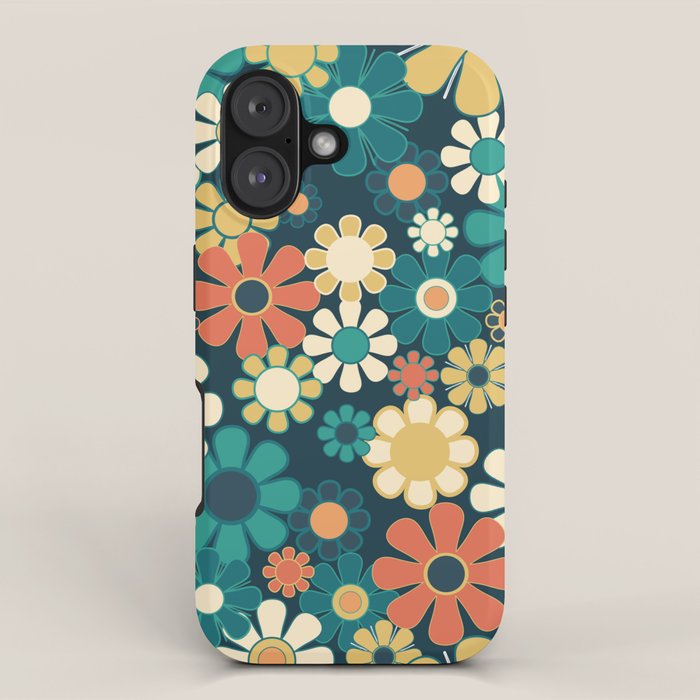 Pretty Groovy Retro Garden 60s 70s Aesthetic Floral Pattern Blue Orange Mustard Teal iPhone Case Gallery Image 1