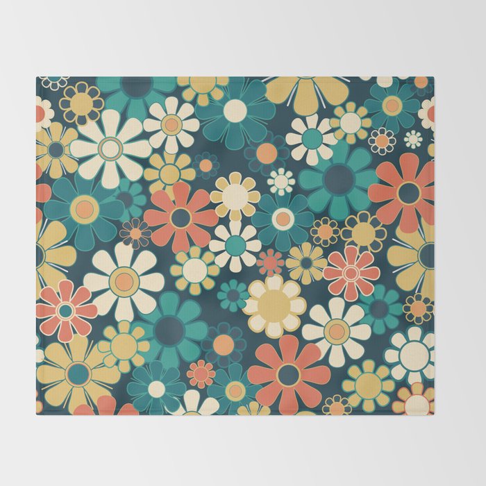 Pretty Groovy Retro Garden 60s 70s Aesthetic Floral Pattern Blue Orange Mustard Teal Throw Blanket Gallery Image 2