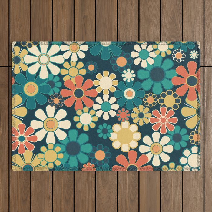 Pretty Groovy Retro Garden 60s 70s Aesthetic Floral Pattern Blue Orange Mustard Teal Outdoor Rug Gallery Image 1